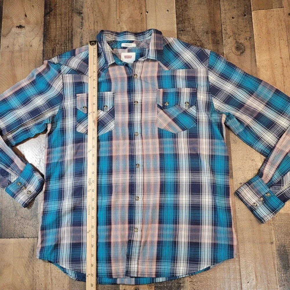 LEVIS Mens‎ Standard Fit Plaid Long Sleeve Snap Button Western Shirt Blue Large